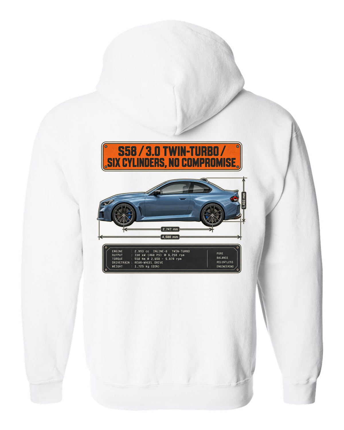 BMW M2 G87 dimension blueprint print with S58 3.0 twin-turbo text white zip hoodie back view with the design