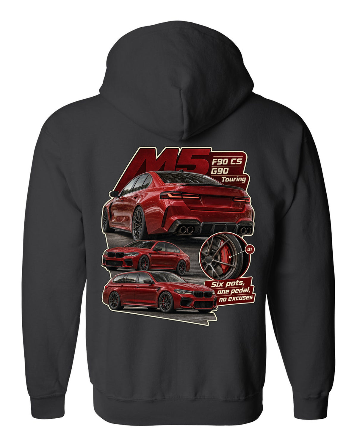 BMW M2 G87 in Toronto Red taillight macro print with six pots one pedal caption black zip hoodie back view with the design