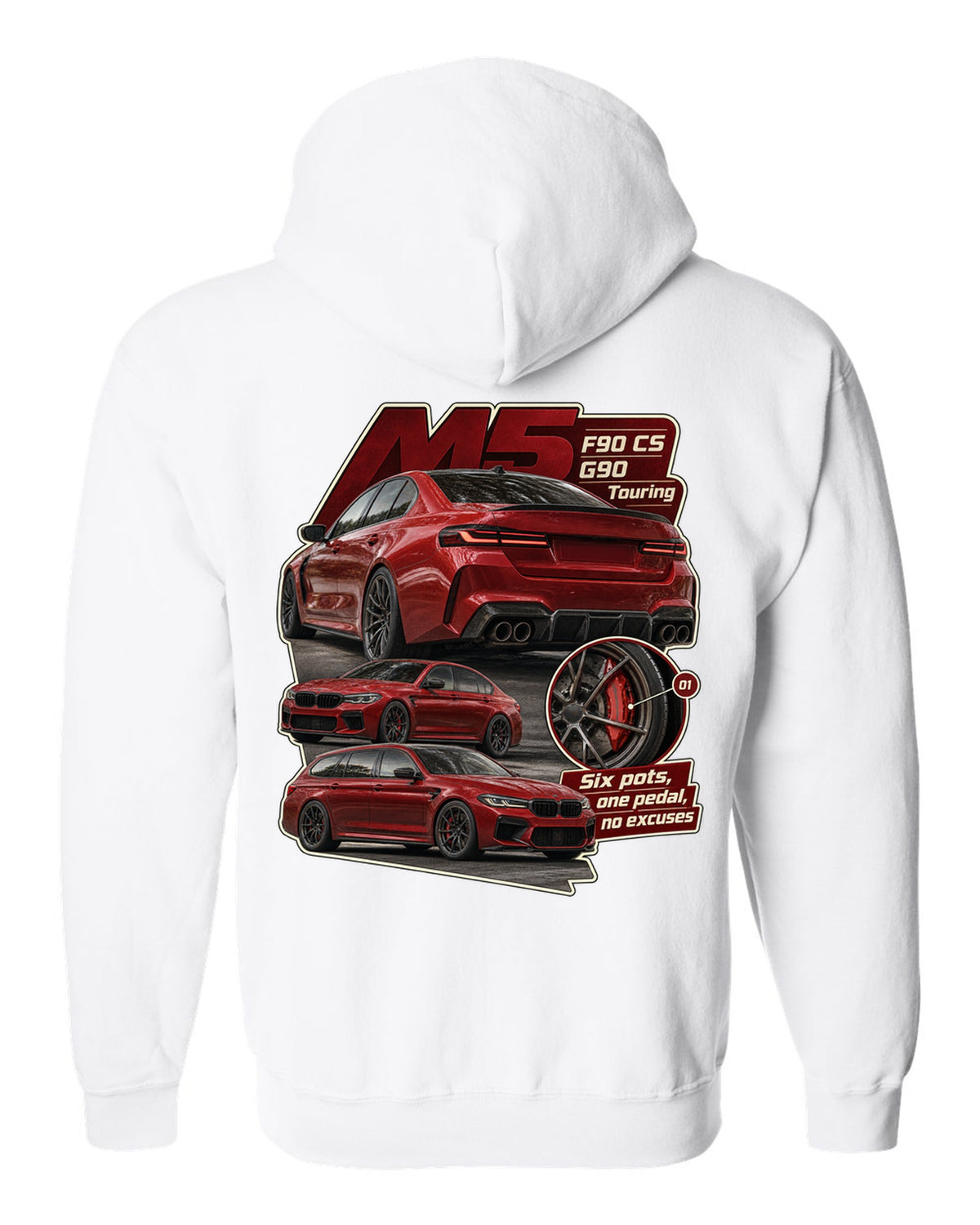 BMW M2 G87 in Toronto Red taillight macro print with six pots one pedal caption white zip hoodie back view with the design