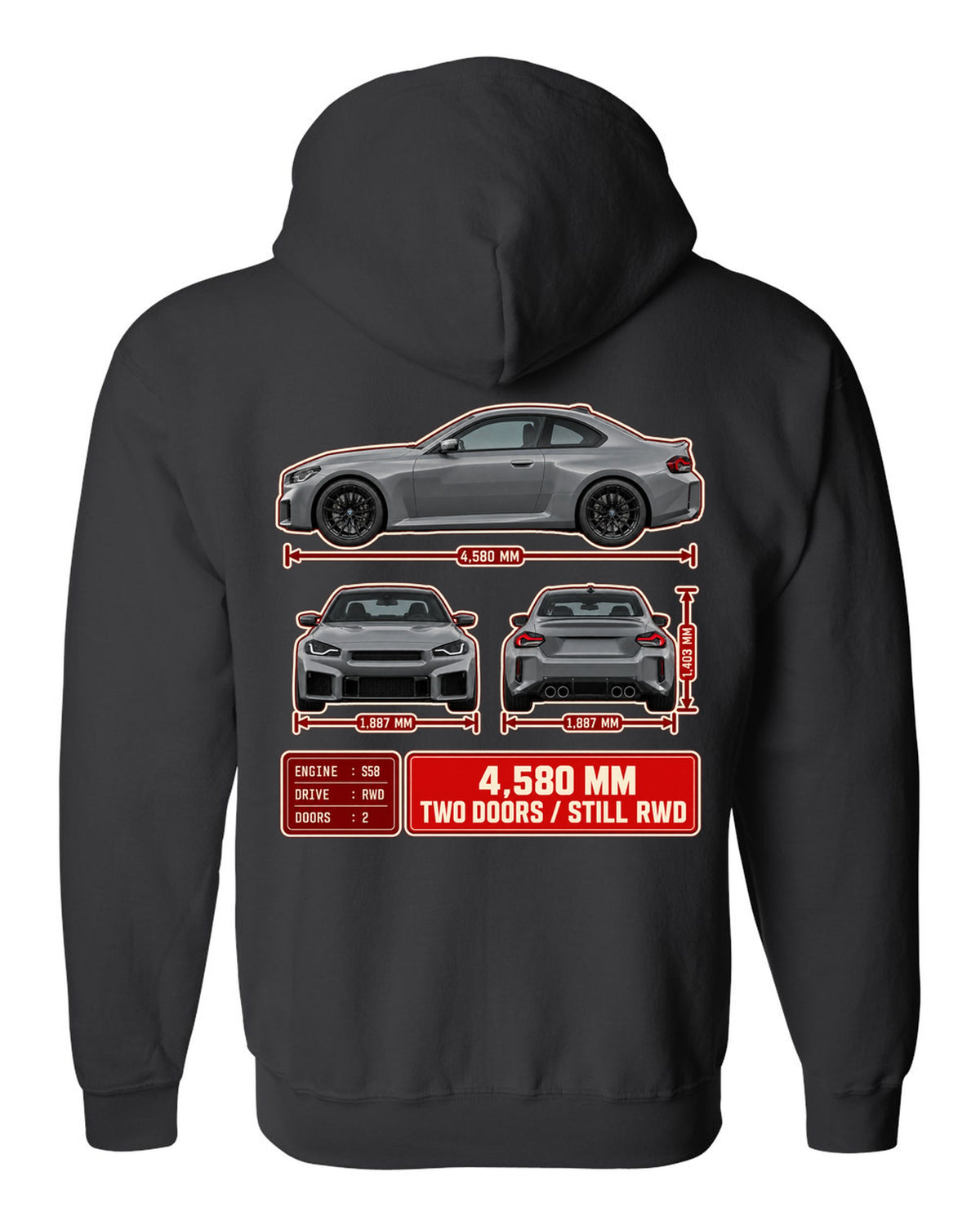 BMW M2 G87 three-view drawing with spec table noting 4,580 mm and rear-wheel drive black zip hoodie back view with the design