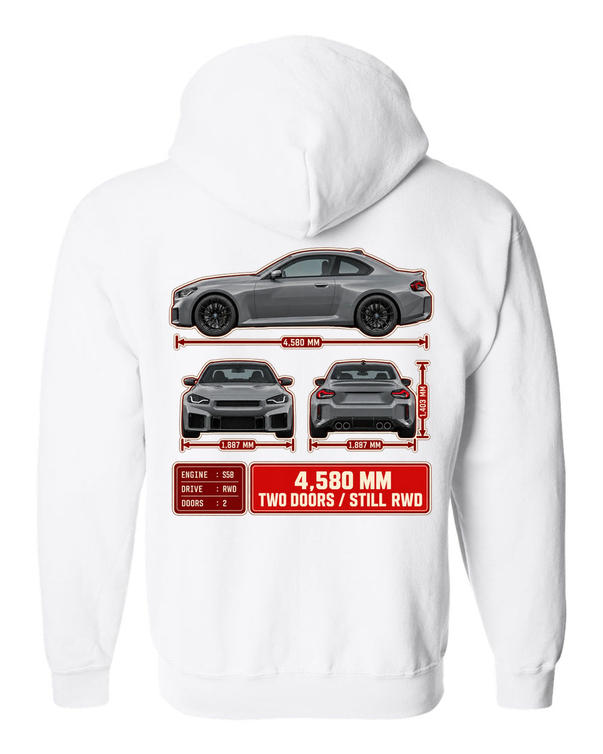 BMW M2 G87 three-view drawing with spec table noting 4,580 mm and rear-wheel drive white zip hoodie back view with the design