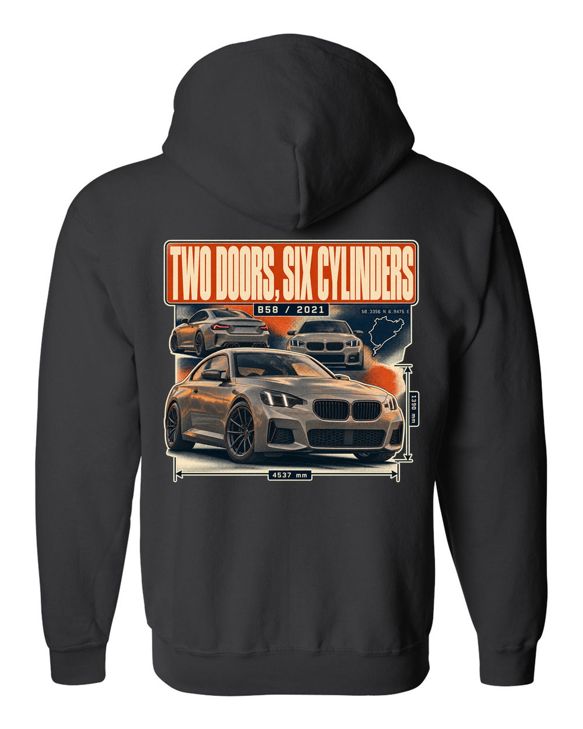 BMW M240i G42 coupe magazine-style editorial headline print black zip hoodie back view with the design