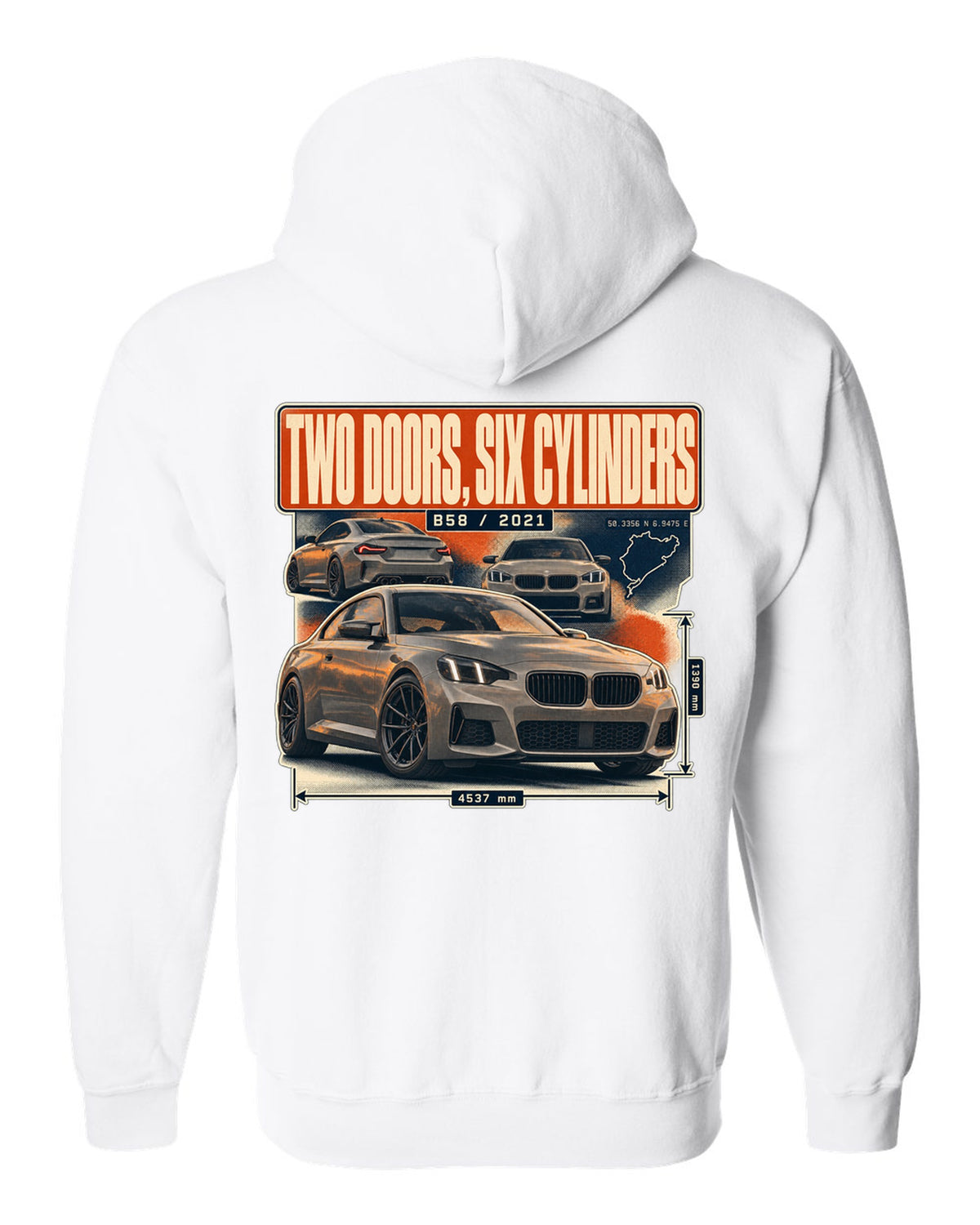 BMW M240i G42 coupe magazine-style editorial headline print white zip hoodie back view with the design