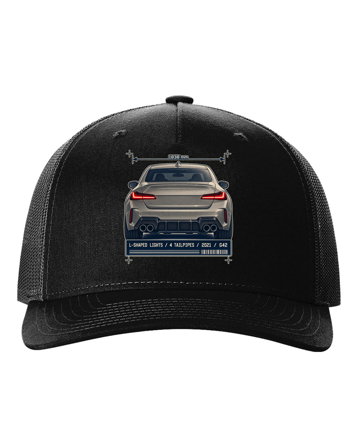 BMW M240i G42 rear taillight and tailpipe macro print black hat front view with the design