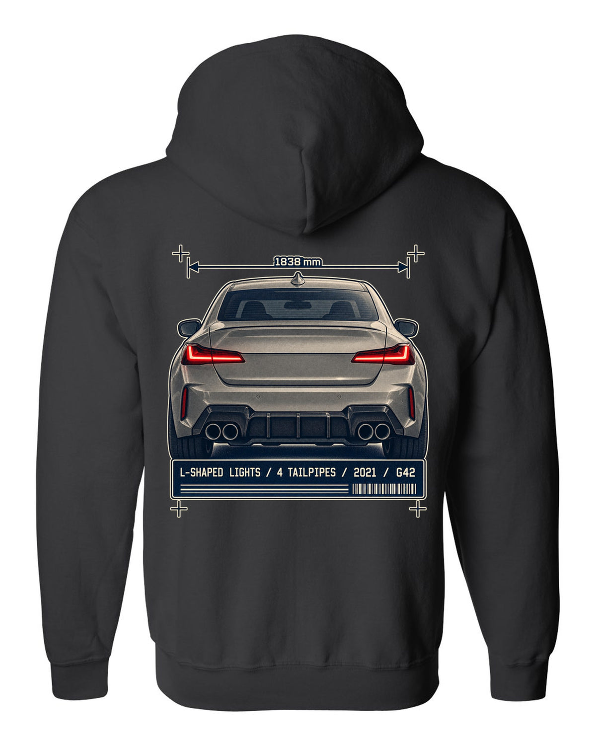 BMW M240i G42 rear taillight and tailpipe macro print black zip hoodie back view with the design