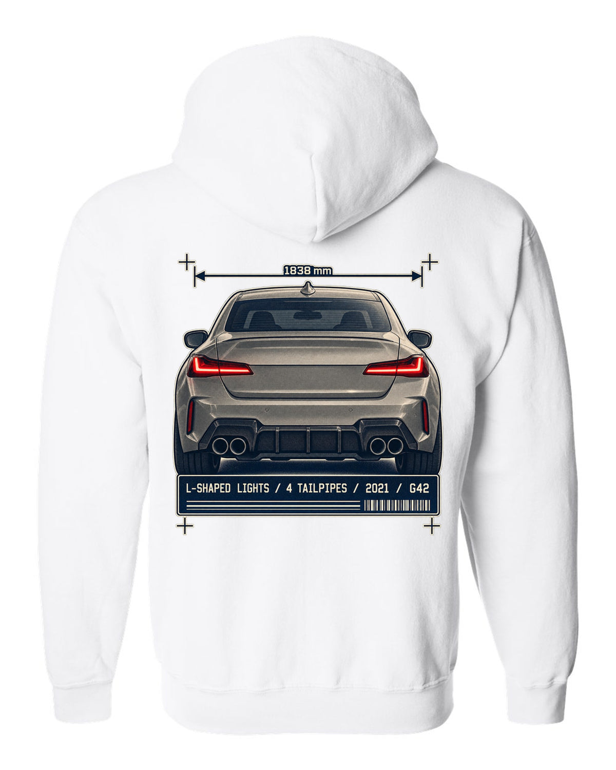 BMW M240i G42 rear taillight and tailpipe macro print white zip hoodie back view with the design