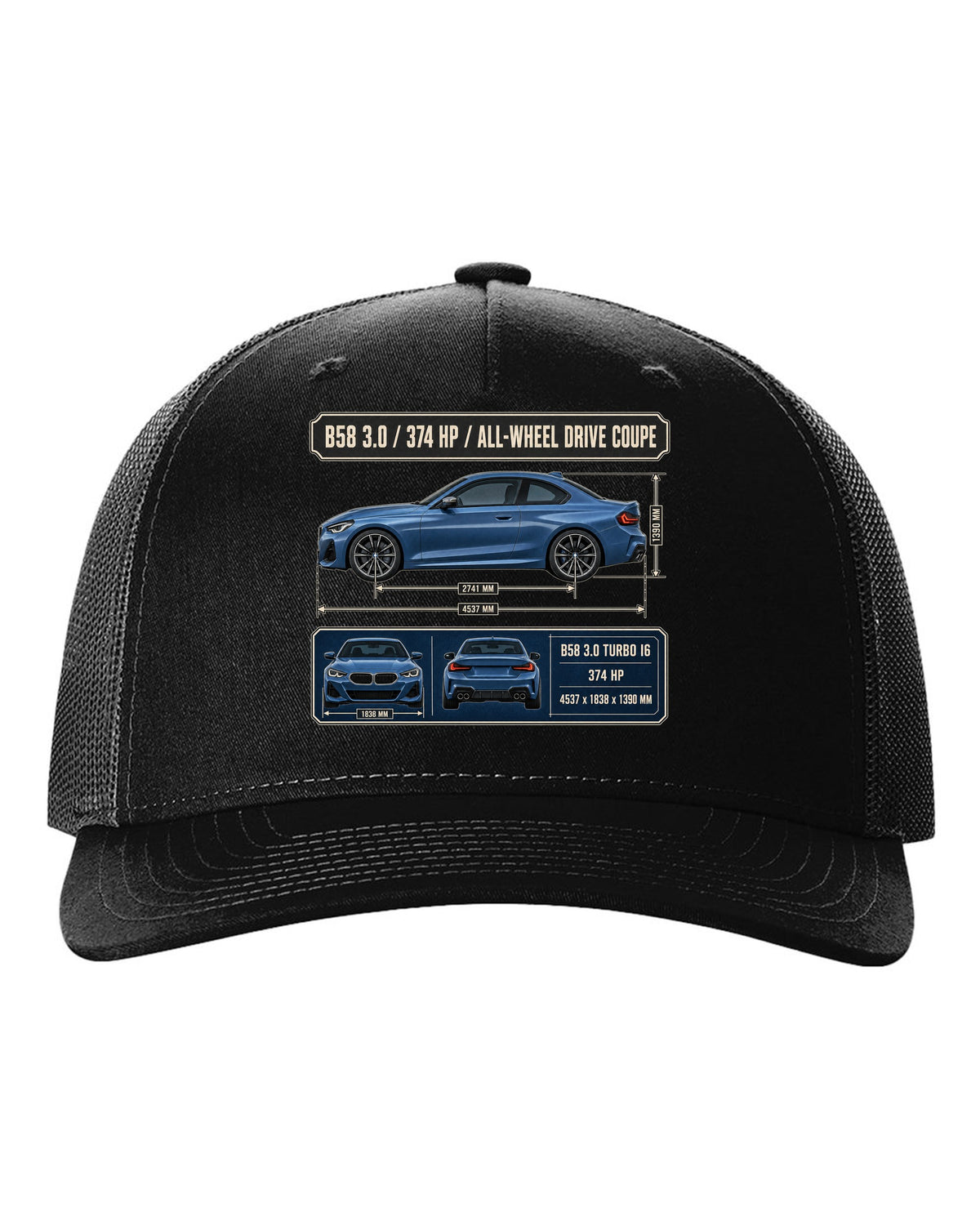 BMW M240i xDrive G42 coupe dimension blueprint print black hat front view with the design