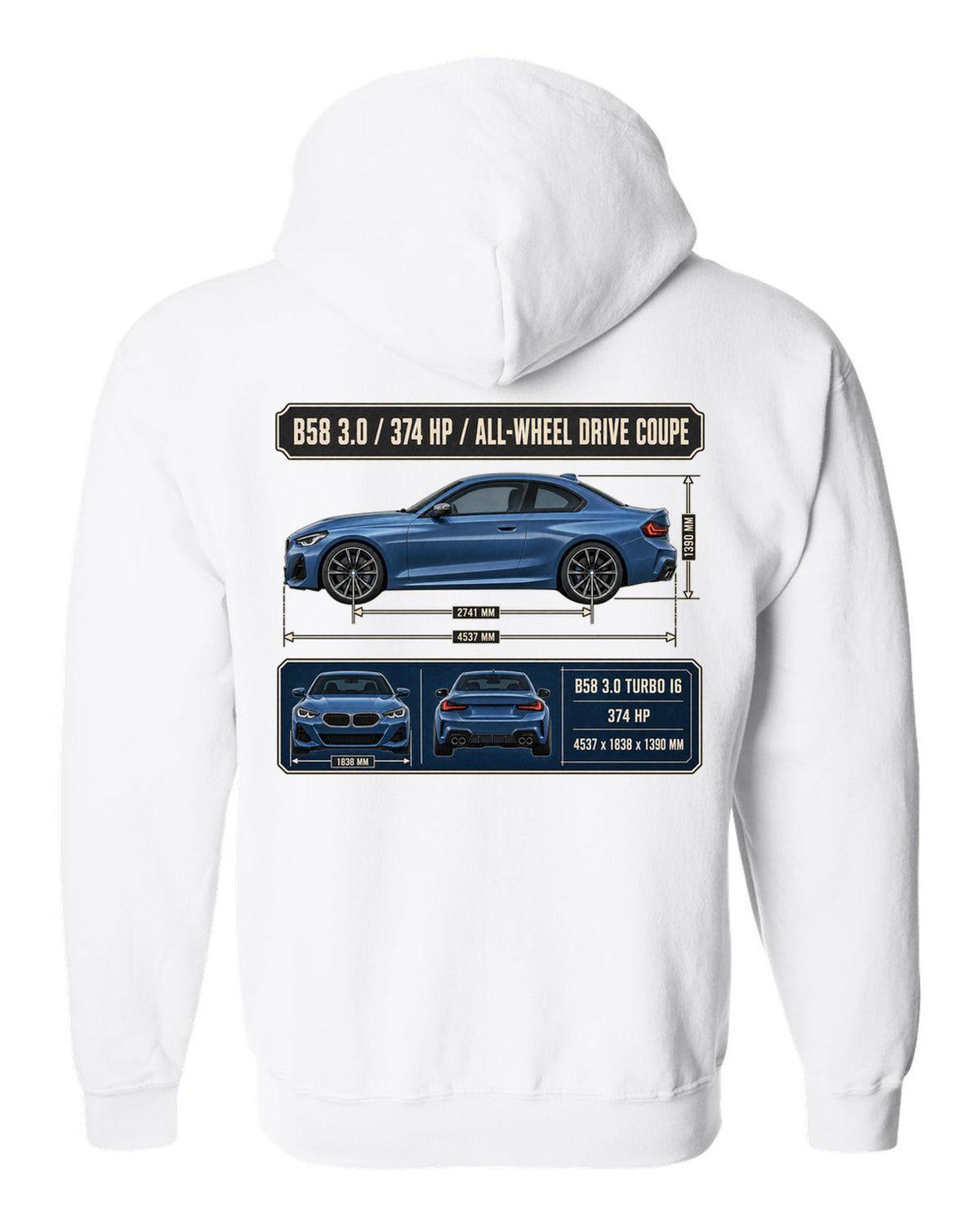 BMW M240i xDrive G42 coupe dimension blueprint print white zip hoodie back view with the design