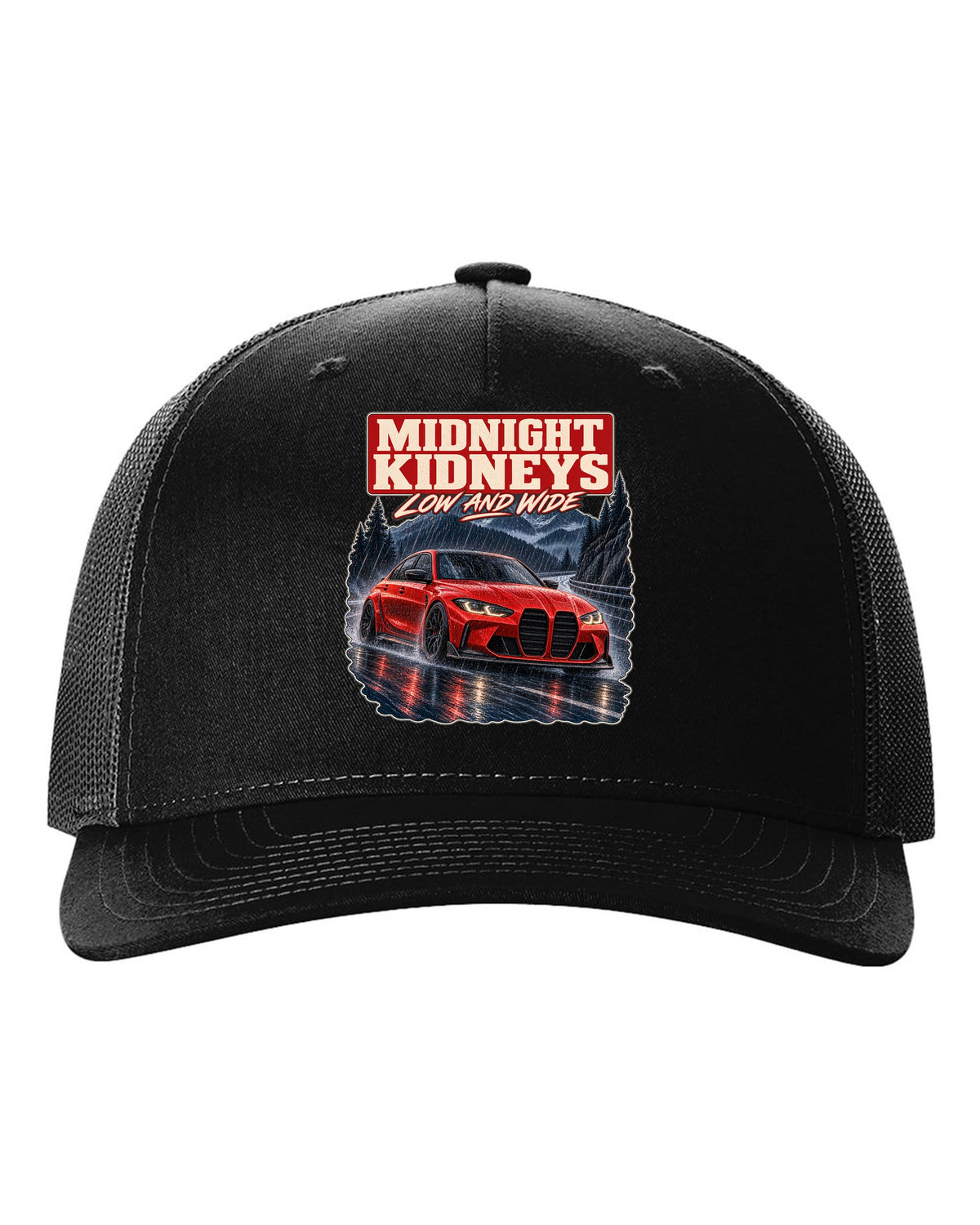 BMW M3 Competition G80 night street print with midnight kidneys text black hat front view with the design