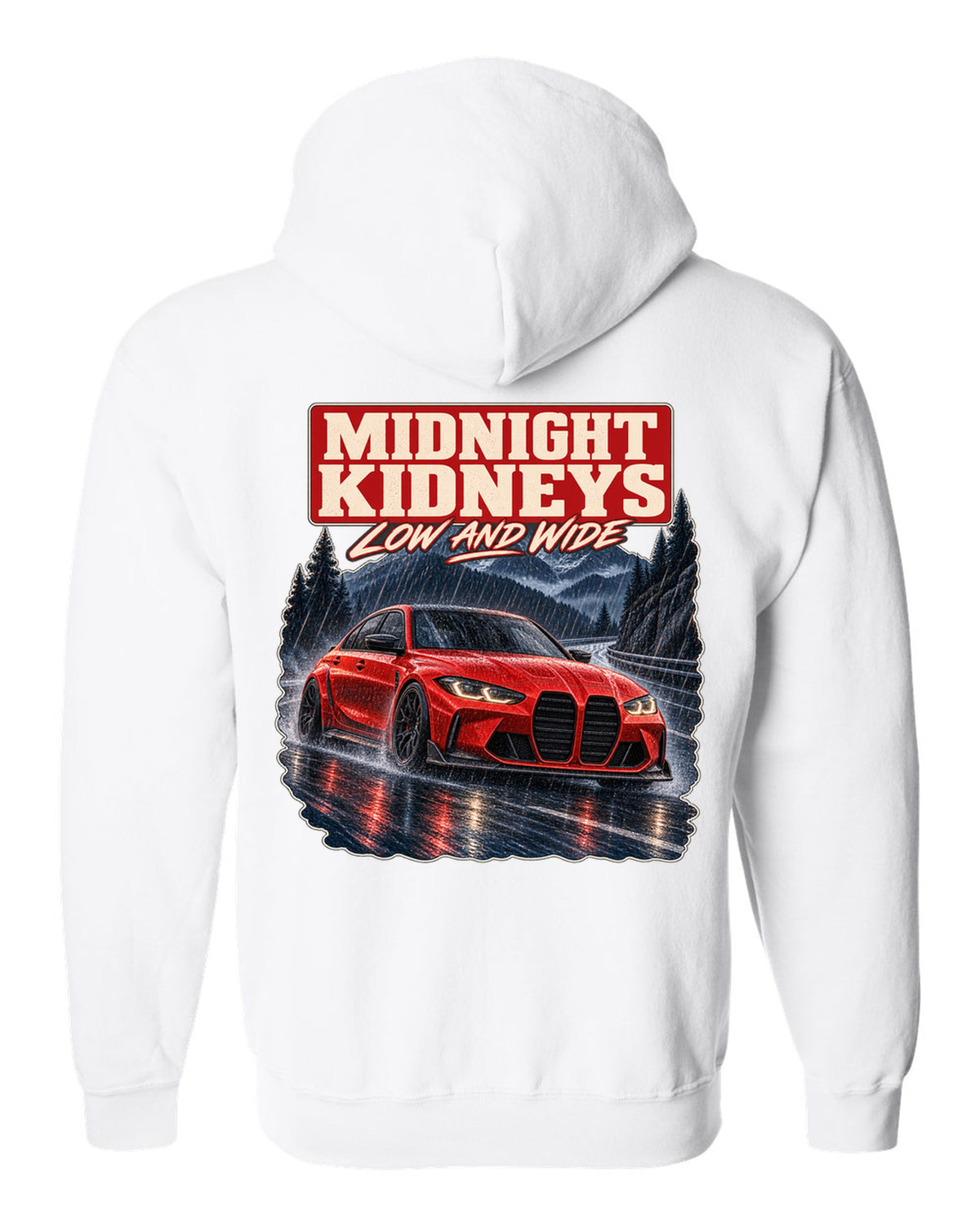 BMW M3 Competition G80 night street print with midnight kidneys text white zip hoodie back view with the design