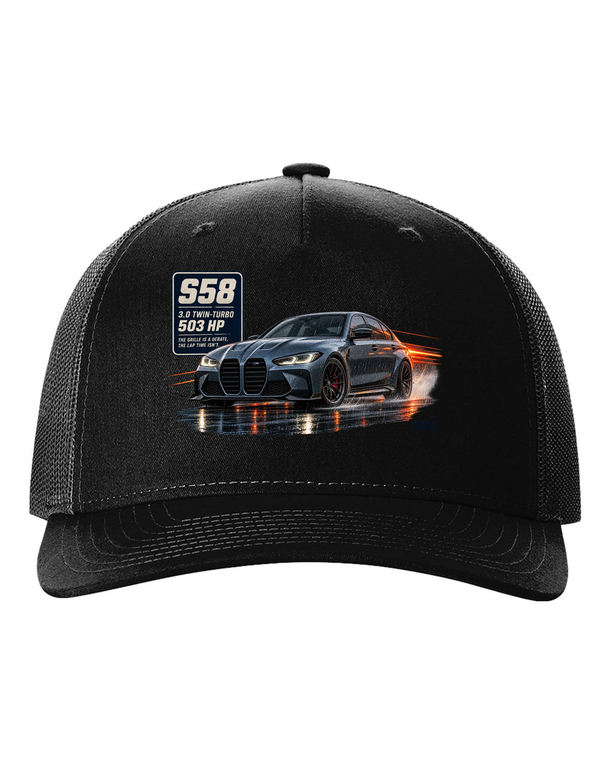 print of a BMW M3 Competition G80 on a night touge road in blue-grey black hat front view with the design