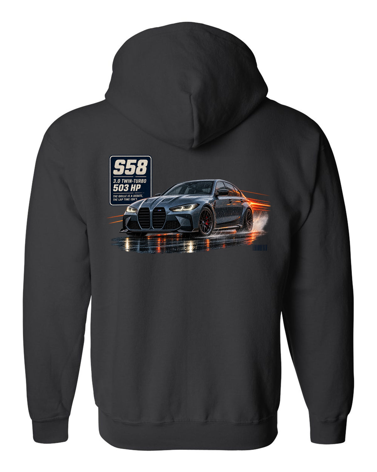 print of a BMW M3 Competition G80 on a night touge road in blue-grey black zip hoodie back view with the design