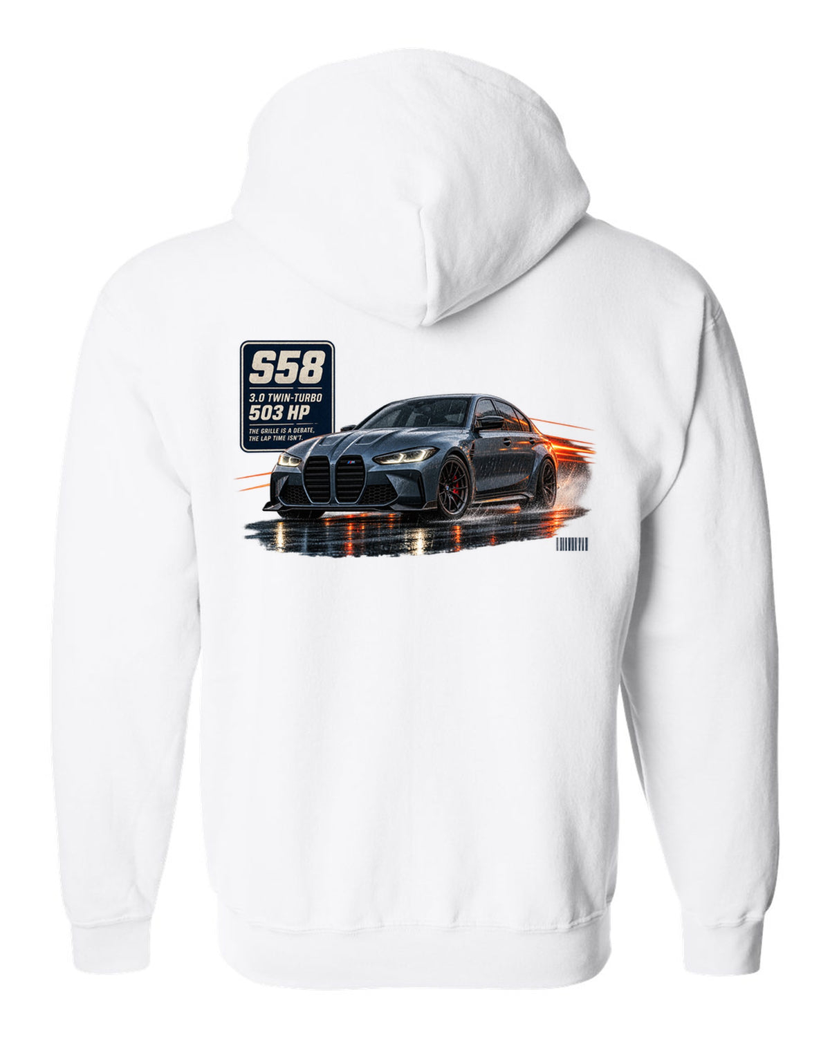 print of a BMW M3 Competition G80 on a night touge road in blue-grey white zip hoodie back view with the design