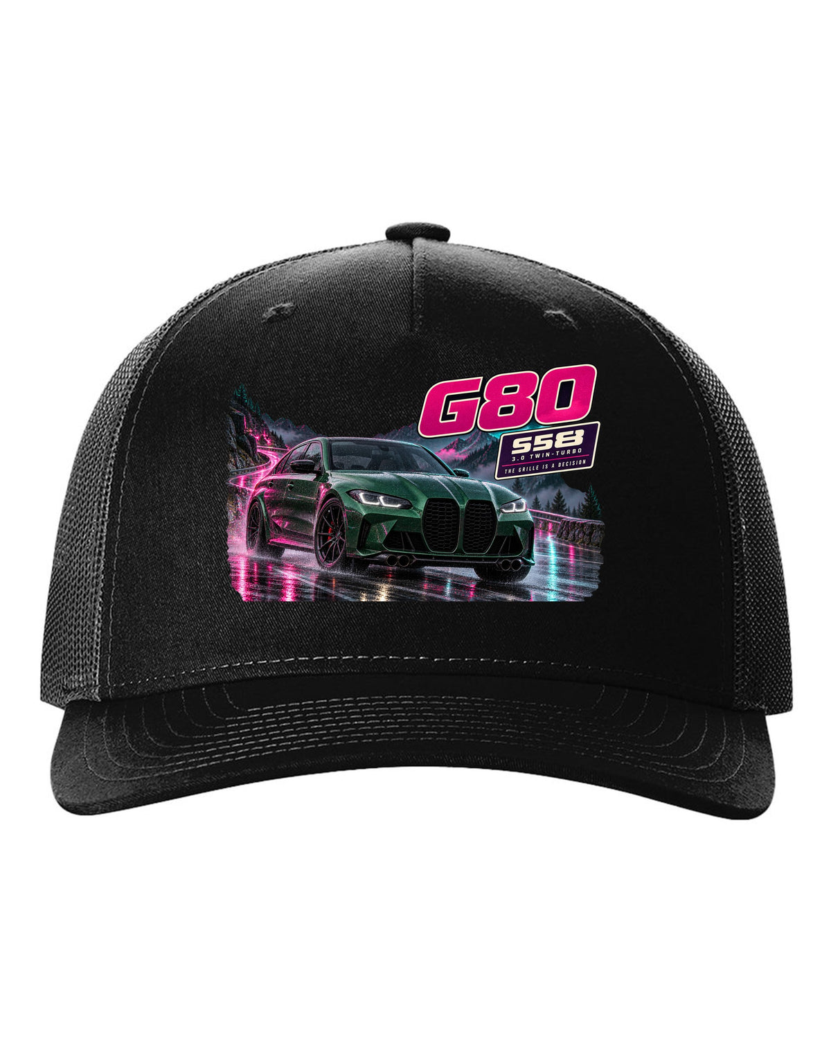 Touge night street print of an Isle of Man green BMW M3 Competition G80 black hat front view with the design