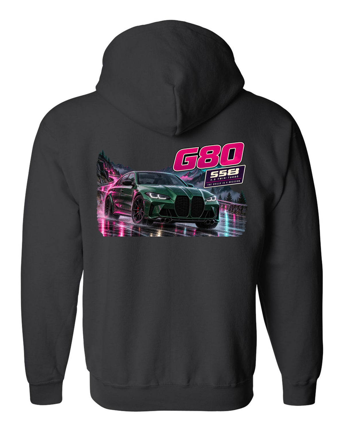 Touge night street print of an Isle of Man green BMW M3 Competition G80 black zip hoodie back view with the design