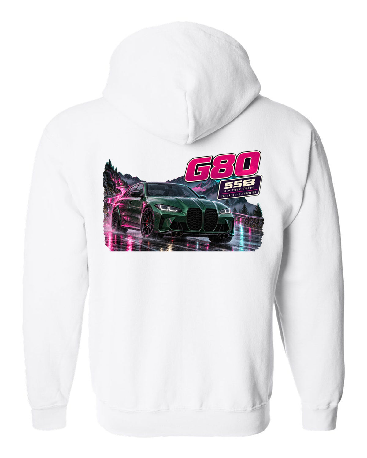 Touge night street print of an Isle of Man green BMW M3 Competition G80 white zip hoodie back view with the design
