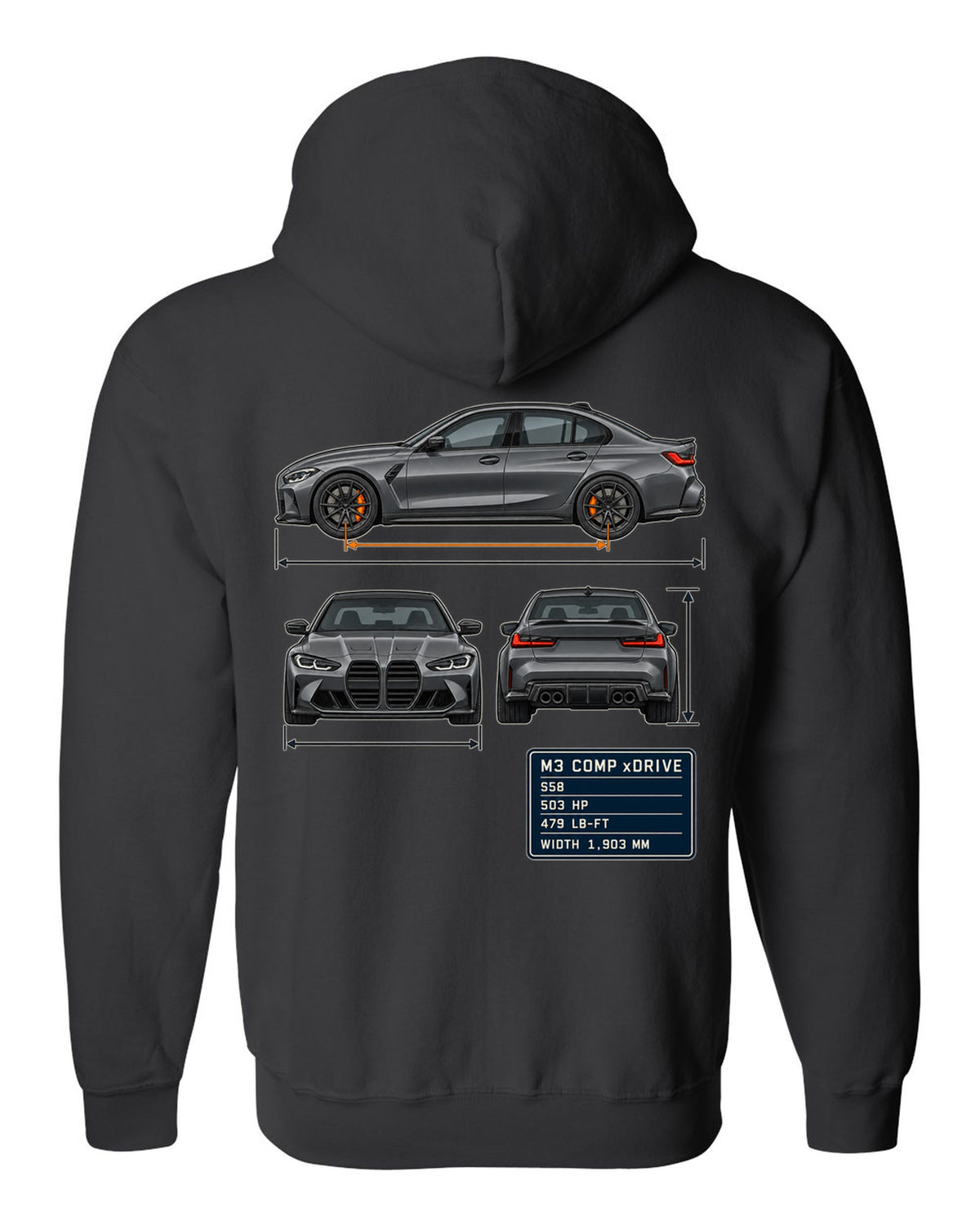 BMW M3 Competition xDrive G80 three-view drawing with spec table print black zip hoodie back view with the design