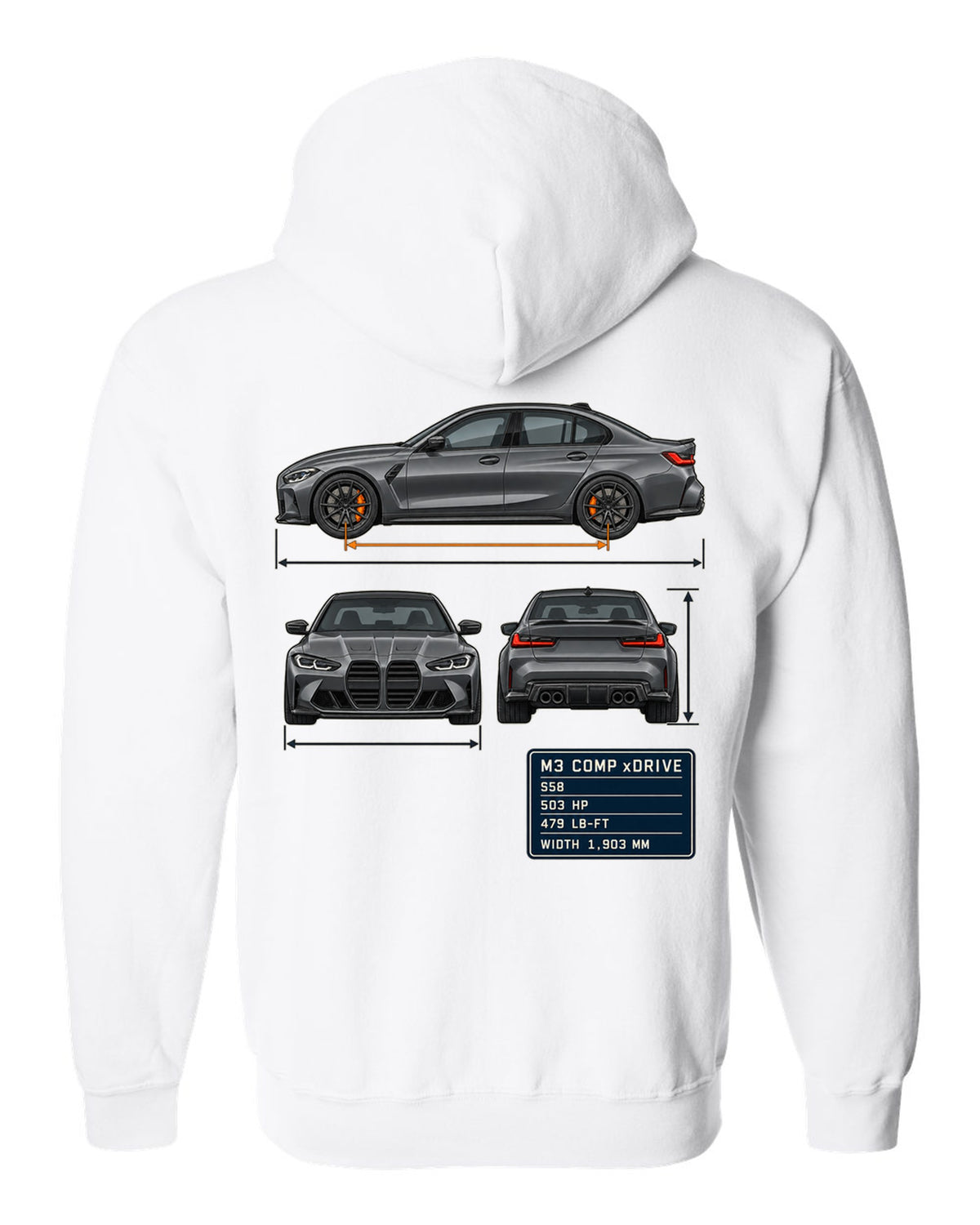 BMW M3 Competition xDrive G80 three-view drawing with spec table print white zip hoodie back view with the design
