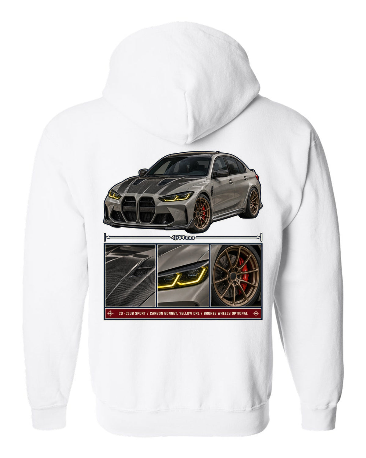 BMW M3 CS G80 dossier panels print design white zip hoodie back view with the design