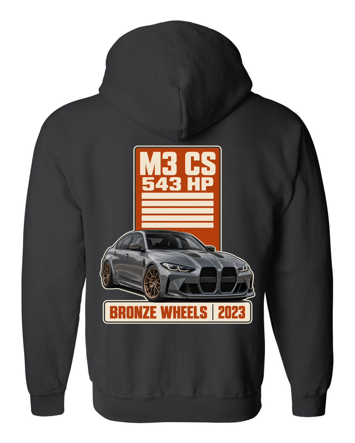 BMW M3 CS G80 spec poster print with 543 hp and bronze wheels text black zip hoodie back view with the design