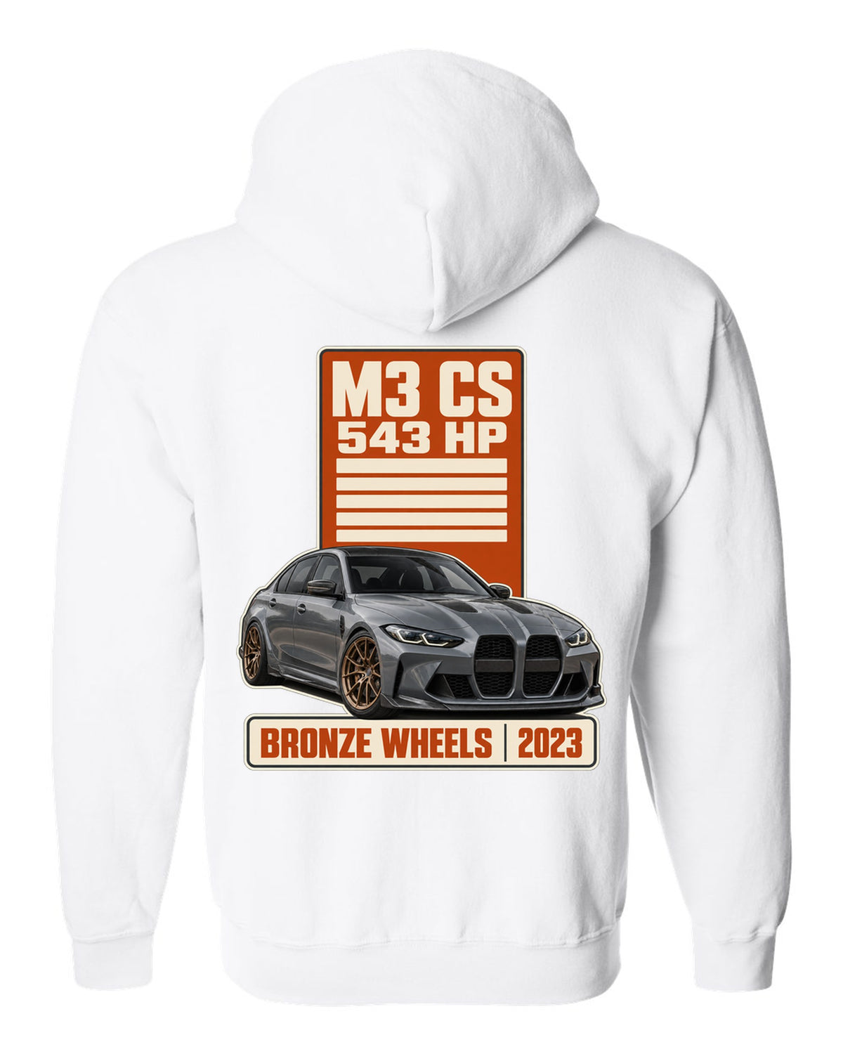 BMW M3 CS G80 spec poster print with 543 hp and bronze wheels text white zip hoodie back view with the design