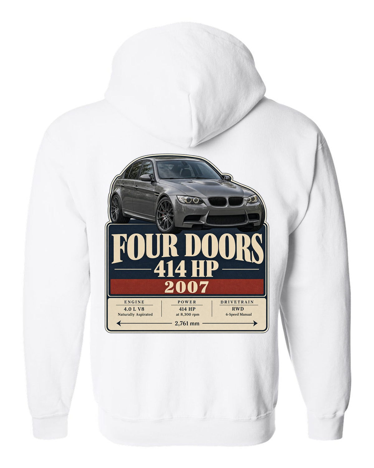 BMW M3 E90 saloon archive panel print white zip hoodie back view with the design