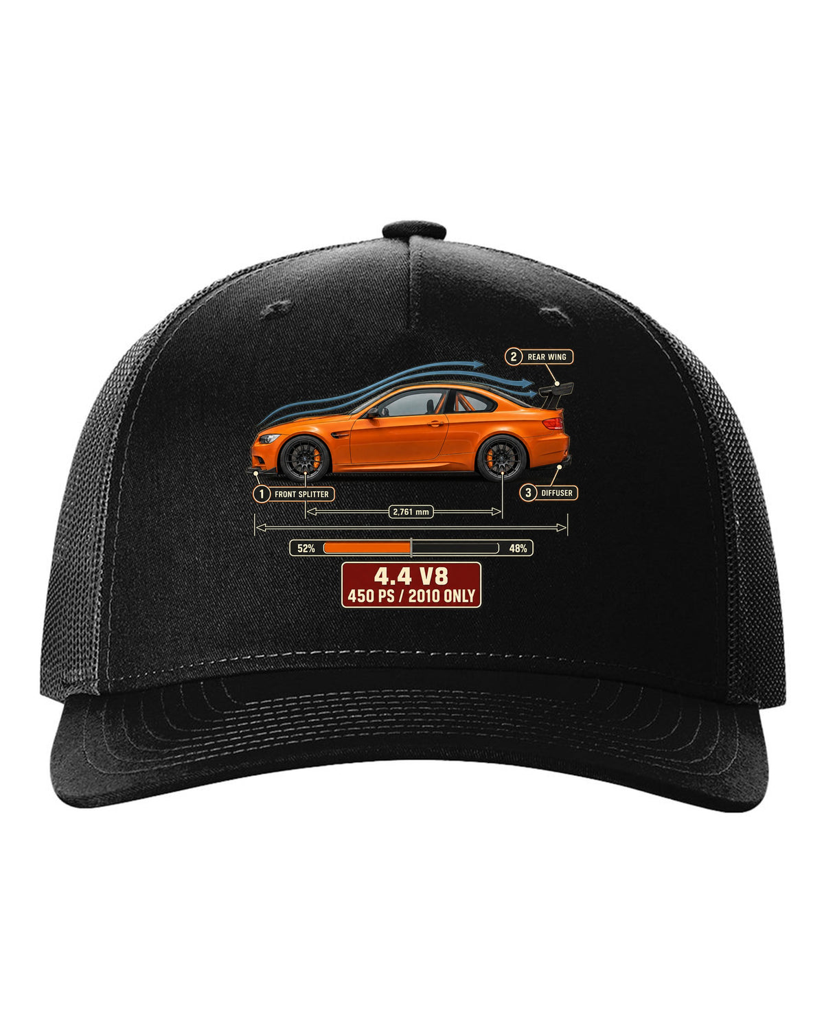 BMW M3 E92 GTS coupe aero callouts print black hat front view with the design