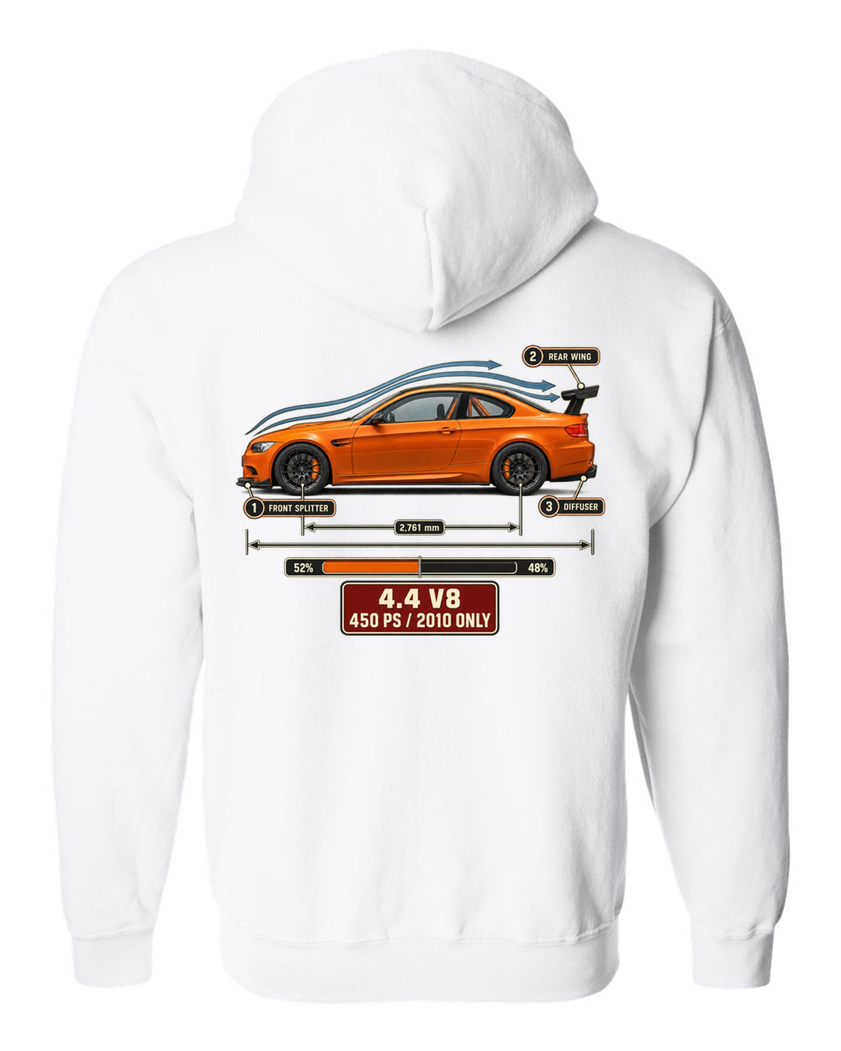 BMW M3 E92 GTS coupe aero callouts print white zip hoodie back view with the design