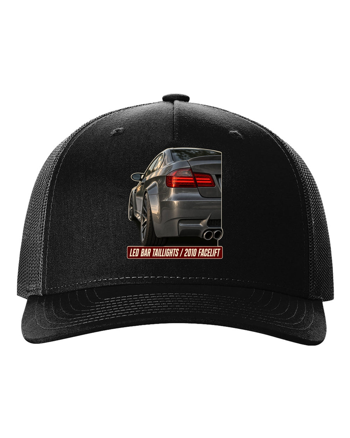 BMW M3 E92 LCI LED bar taillight close-up print black hat front view with the design