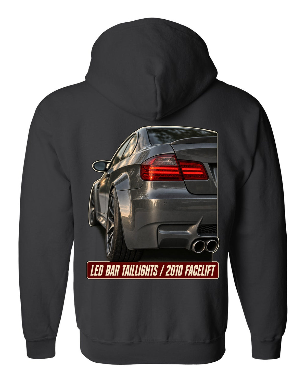 BMW M3 E92 LCI LED bar taillight close-up print black zip hoodie back view with the design