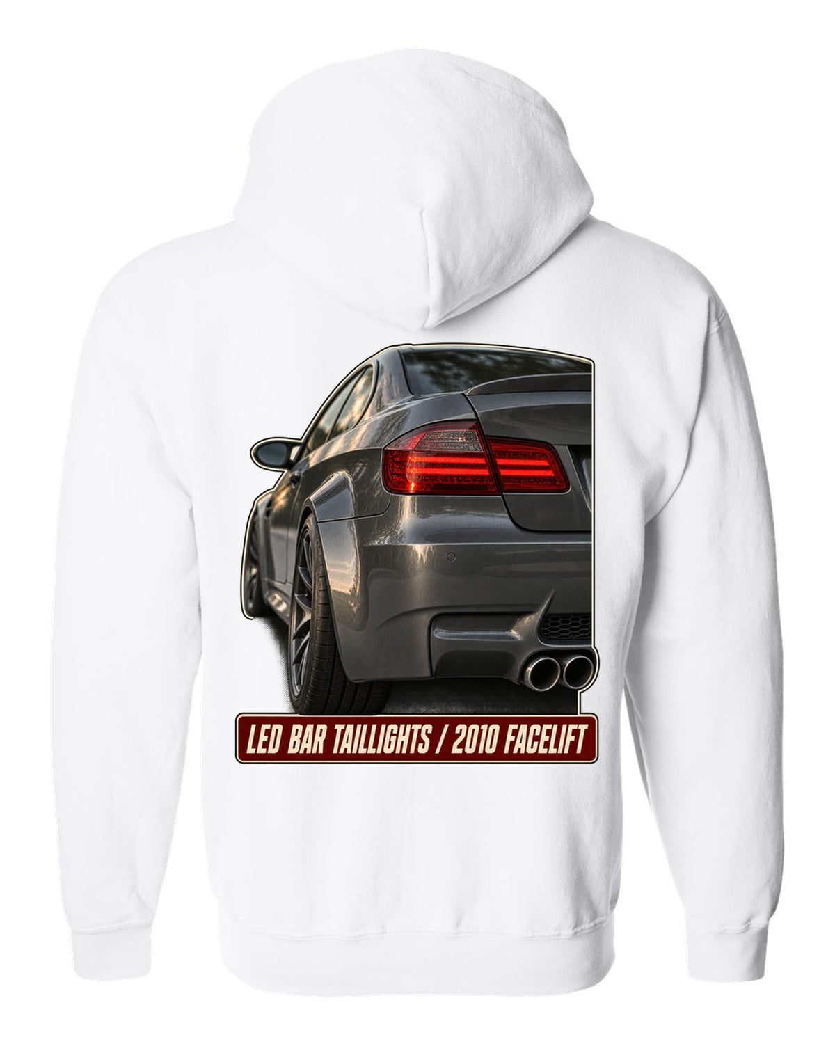 BMW M3 E92 LCI LED bar taillight close-up print white zip hoodie back view with the design