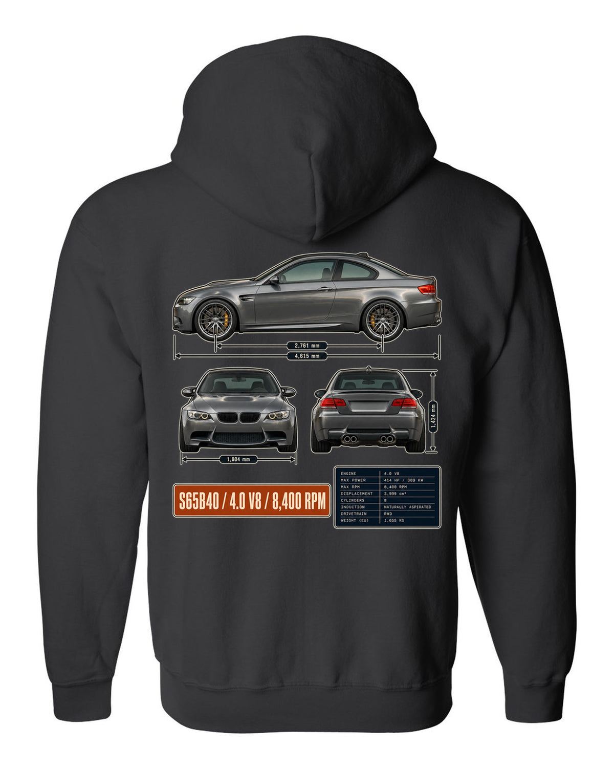 BMW M3 E92 coupe three-view drawing with S65 V8 spec table black zip hoodie back view with the design