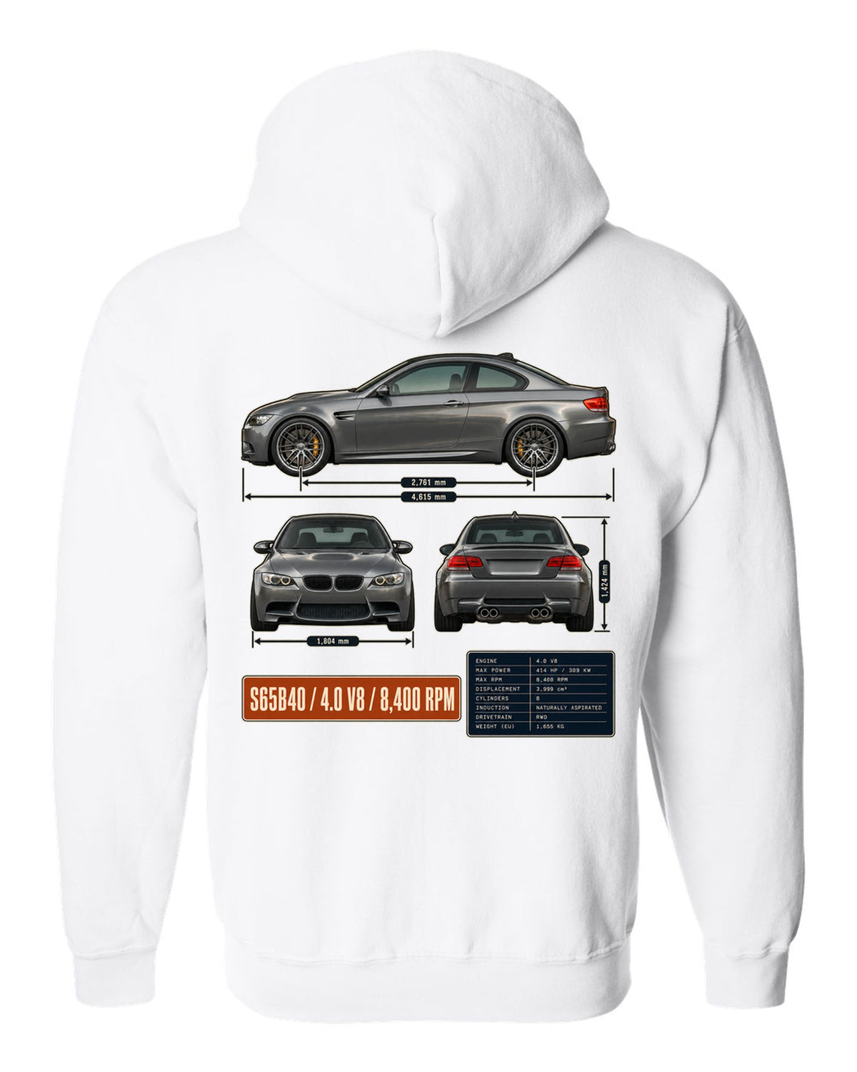 BMW M3 E92 coupe three-view drawing with S65 V8 spec table white zip hoodie back view with the design