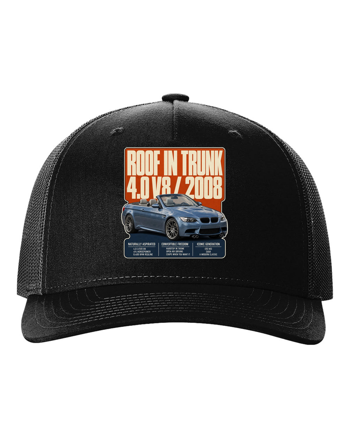 BMW M3 E93 convertible editorial headline print black hat front view with the design