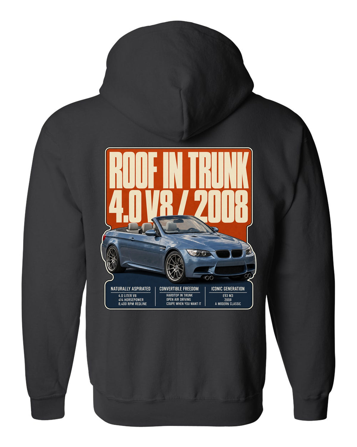BMW M3 E93 convertible editorial headline print black zip hoodie back view with the design
