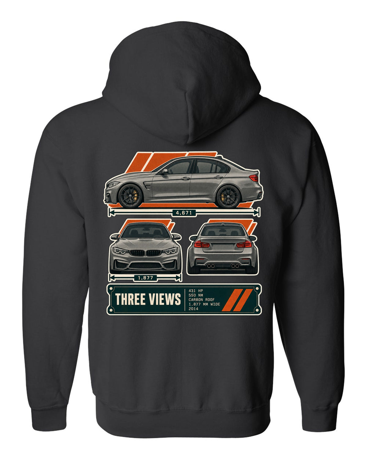 BMW M3 F80 three-view drawing with spec table print black zip hoodie back view with the design
