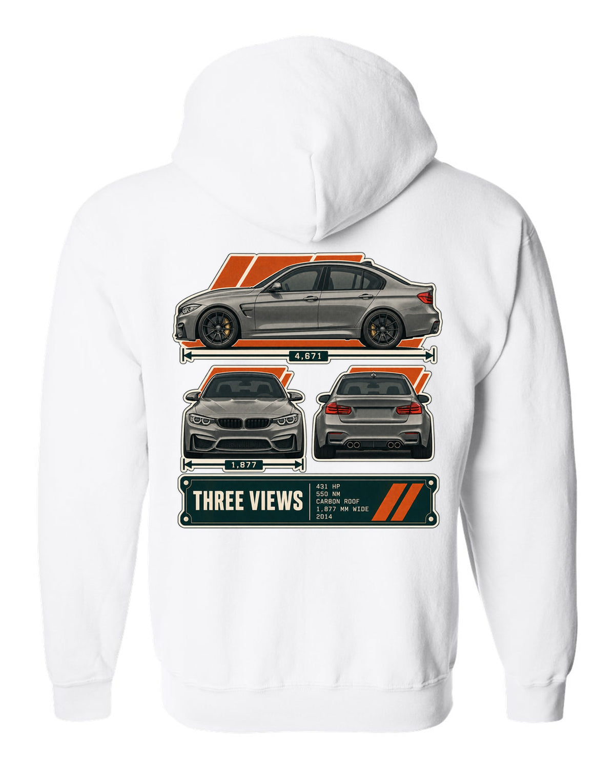 BMW M3 F80 three-view drawing with spec table print white zip hoodie back view with the design