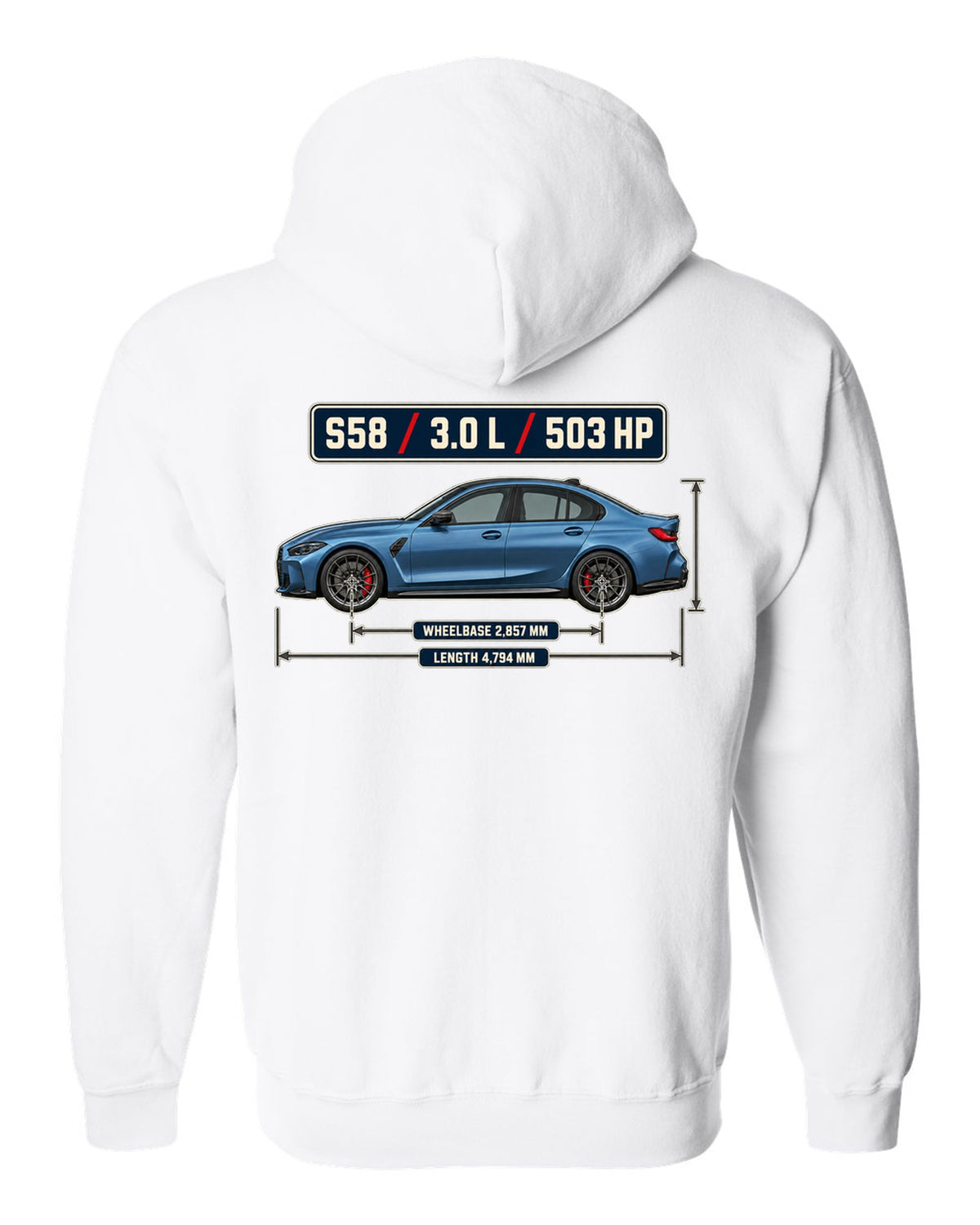 BMW M3 Competition G80 dimension blueprint print with S58 specs white zip hoodie back view with the design