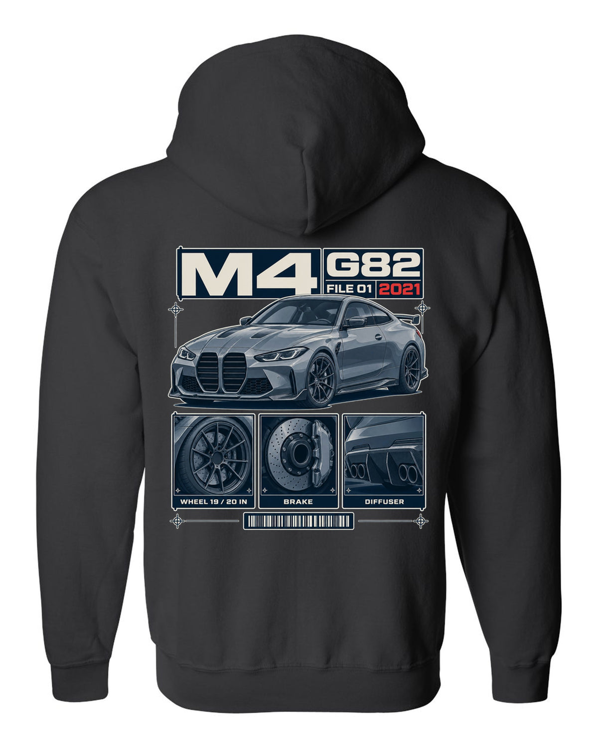 BMW M3 G80 dossier panels print with wheel, brake and diffuser details black zip hoodie back view with the design