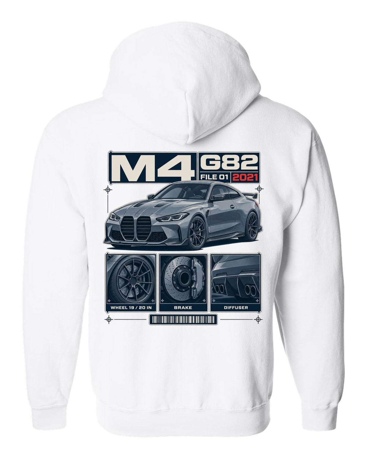 BMW M3 G80 dossier panels print with wheel, brake and diffuser details white zip hoodie back view with the design