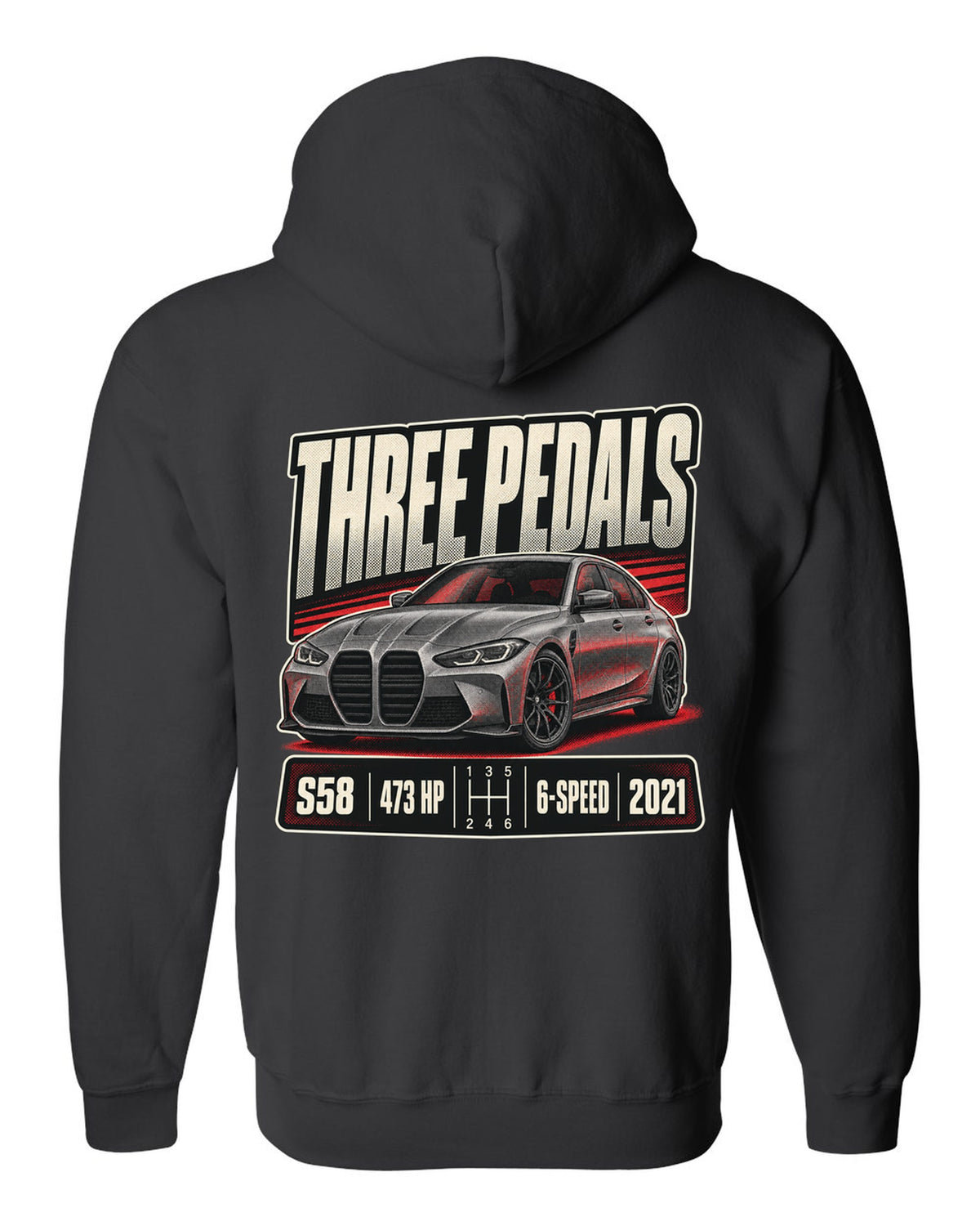BMW M3 G80 six-speed manual halftone print with three pedals text black zip hoodie back view with the design