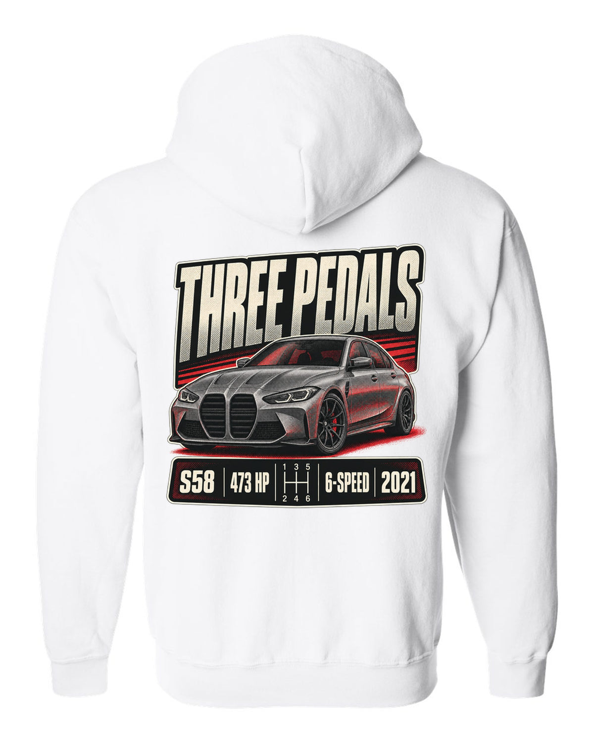 BMW M3 G80 six-speed manual halftone print with three pedals text white zip hoodie back view with the design