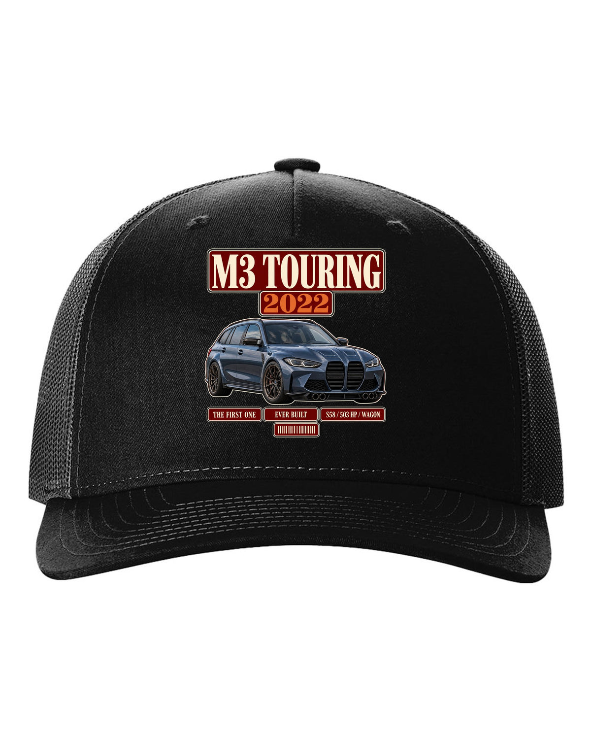 BMW M3 Touring G81 archive panel print with first ever built text black hat front view with the design