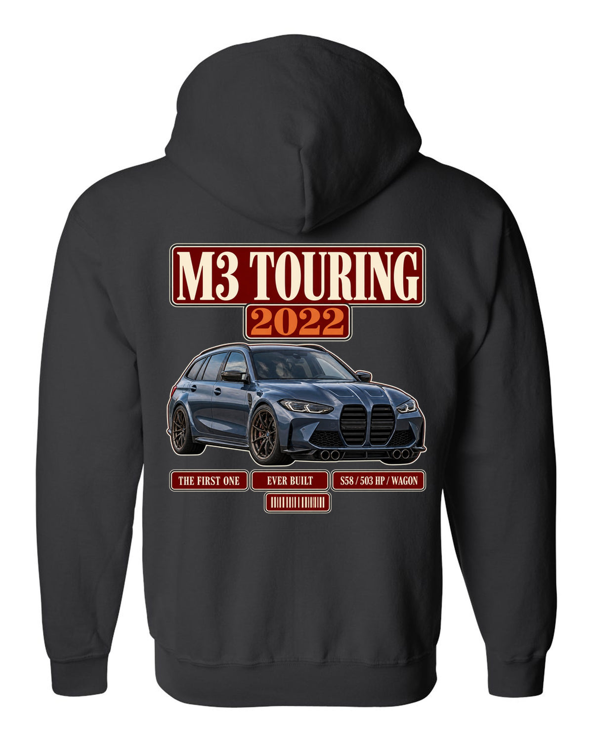 BMW M3 Touring G81 archive panel print with first ever built text black zip hoodie back view with the design