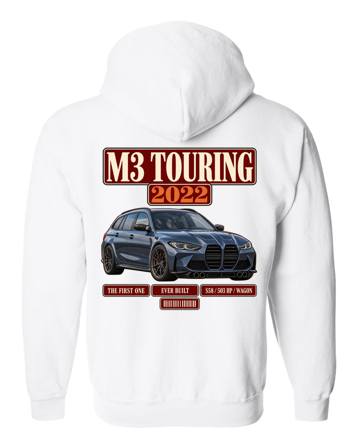 BMW M3 Touring G81 archive panel print with first ever built text white zip hoodie back view with the design