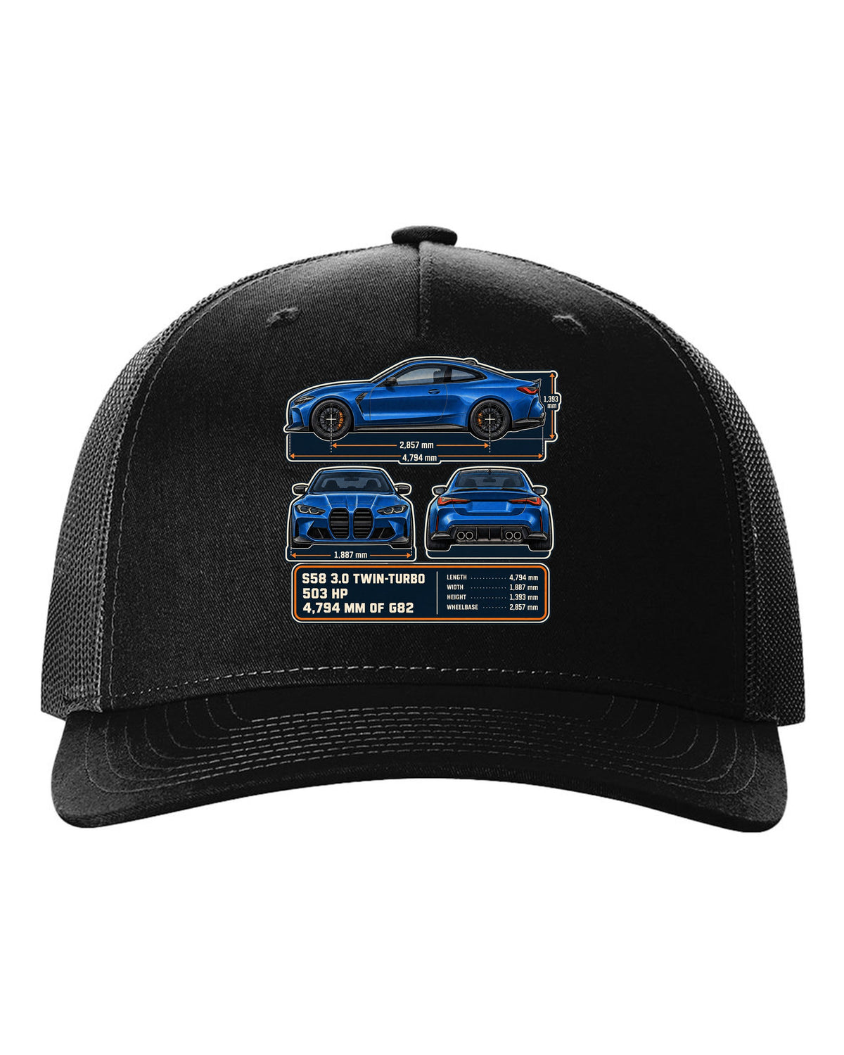 BMW M4 Competition G82 dimension blueprint print with S58 specs black hat front view with the design
