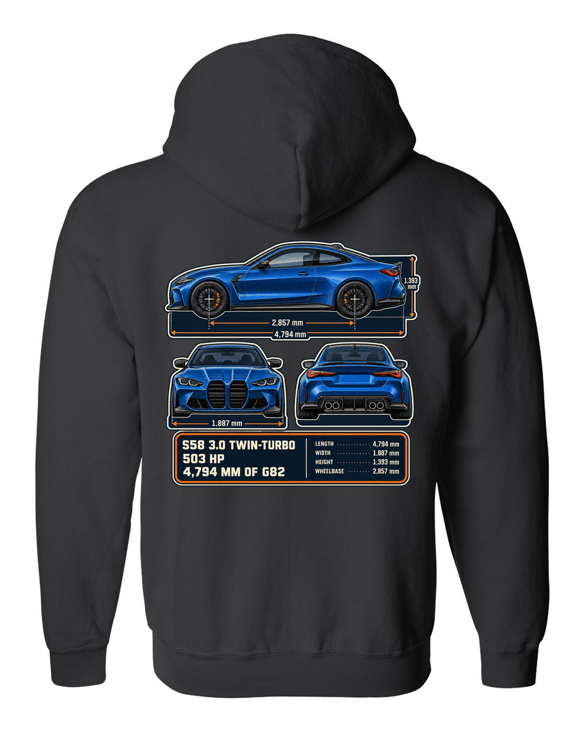 BMW M4 Competition G82 dimension blueprint print with S58 specs black zip hoodie back view with the design