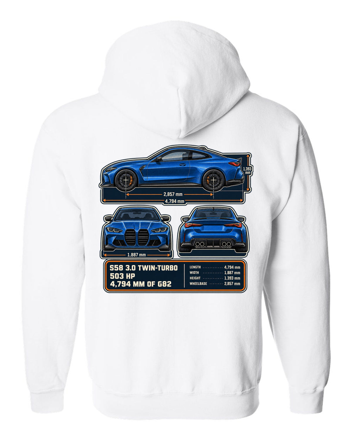 BMW M4 Competition G82 dimension blueprint print with S58 specs white zip hoodie back view with the design
