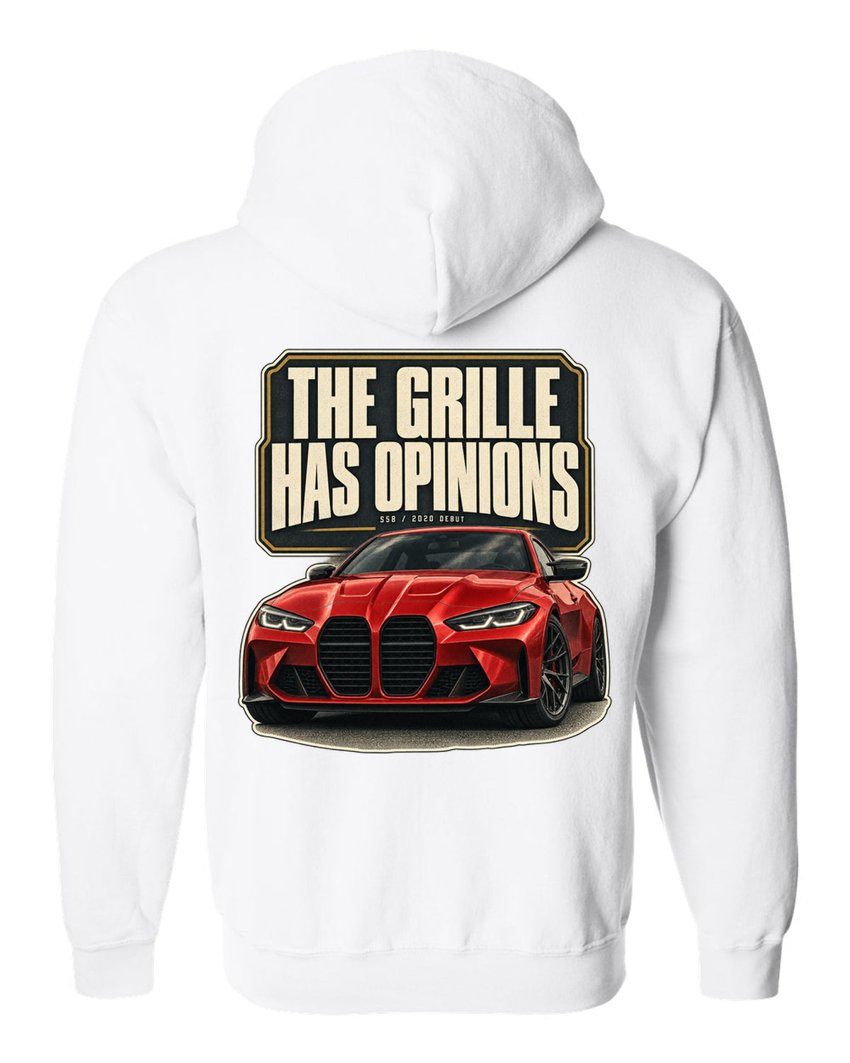 BMW M4 Competition G82 editorial headline print about the grille white zip hoodie back view with the design