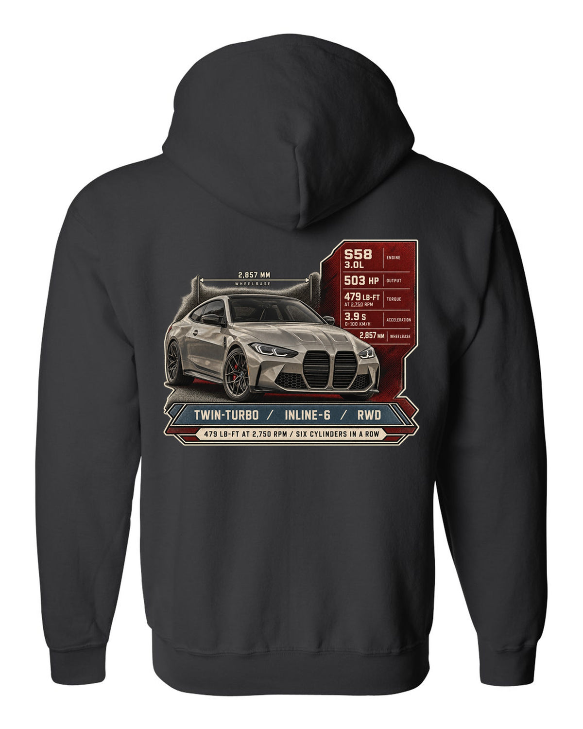 BMW M4 Competition G82 spec poster print with 479 lb-ft and six cylinders in a row black zip hoodie back view with the design